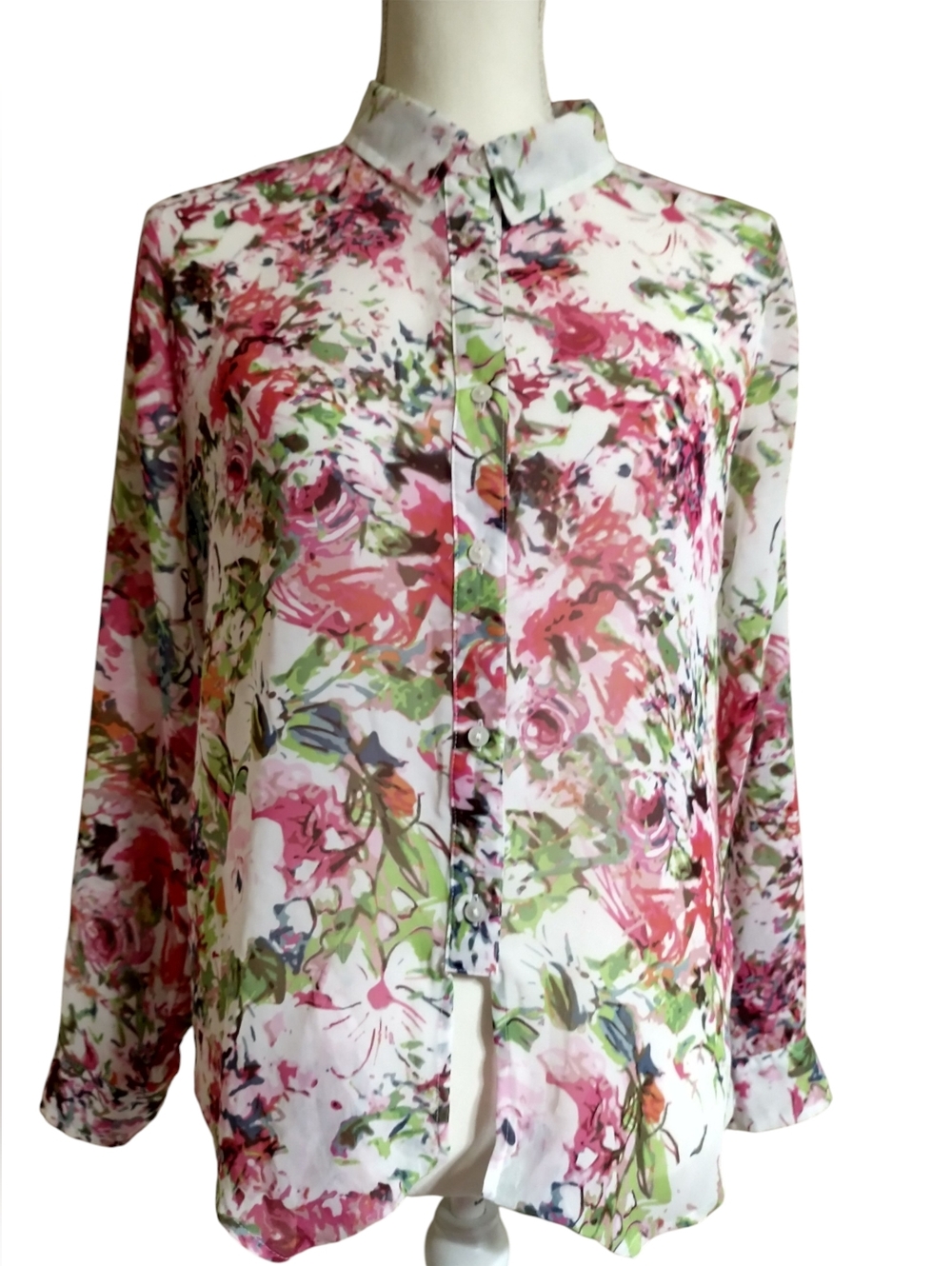 Liz Claiborne White Floral Button-Down Shirt with Pink & Green Print